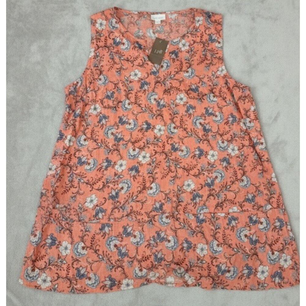 Sleeveless V-Neck NWT Tank J. Jill Love Linen Floral W Lge  Coral /Blue Pockets